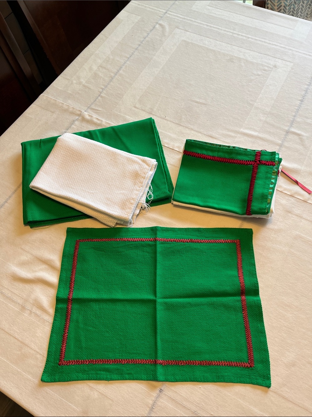 Two Green and White Waffle-Knit Textured Fabrics and 5 Unfinished Cloths